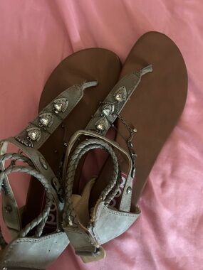 Women's Taupe Braided T-Strap Sandals with Embellished Accents